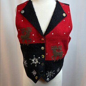 Ashley Hill Red and Black Holiday Felt Wool Vest, Medium